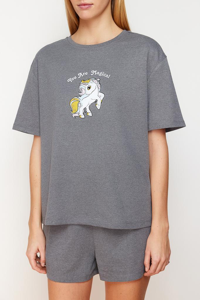 Women's Fashion New Pajama Set Gray Melange Cotton Printed Knitted Pajama Set