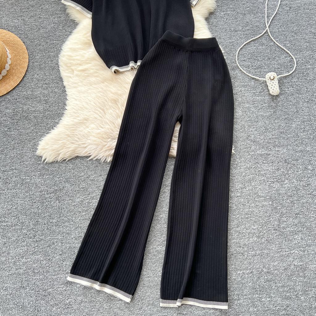 Летний женский трикотажный свитер, брюки, комплект из двух предметов, женский свитер с коротким рукавом, топ и брюки длиной до щиколотки, спортивный костюм