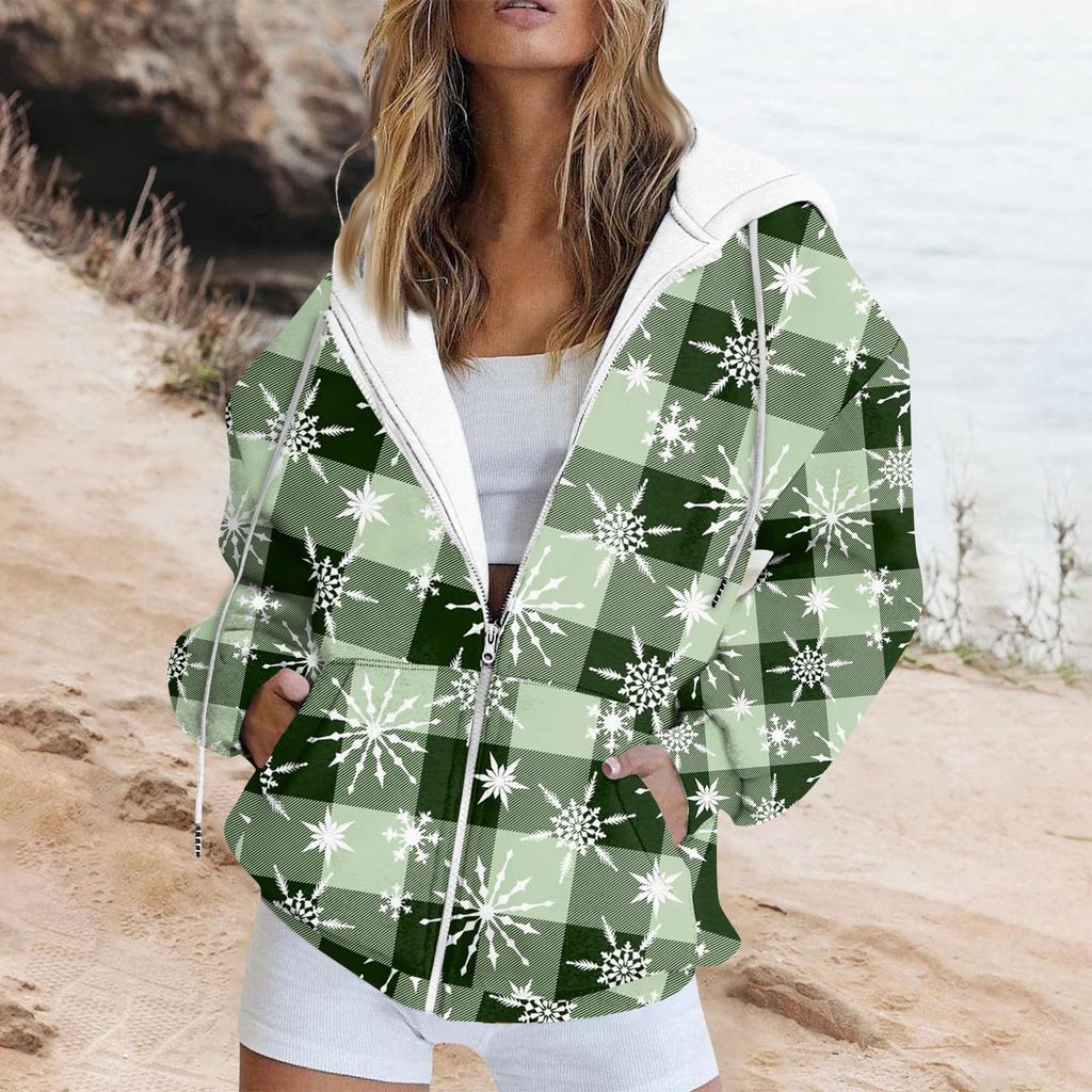 Женская мода повседневная рождественская печатная толстовка осень и зима длинный рукав с карманом кардиган куртка куртка с капюшоном пальто