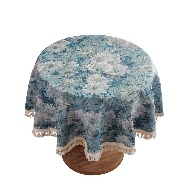 Винтажная Хлопко-Полиэстеровая Цветная Тканая Жаккардовая Скатерть с Рисунком под Масляную Живопись Синие Ромашки с Бахромой Круглая Скатерть для Кофейного Столика Скатерть для Обеденного Стола