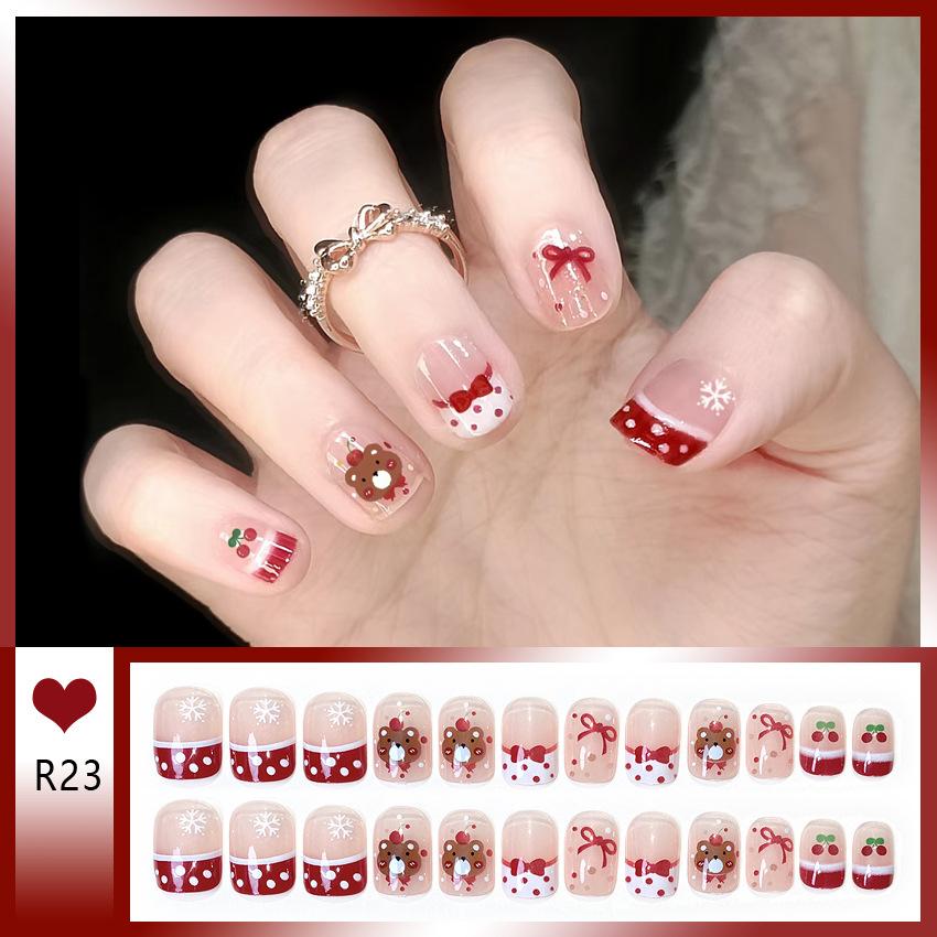24pcs Bowknots Love Heart Pattern Press On Nails Cute Fresh Short Round French Style False Nails Korean Sweet Wearable Fake Nail