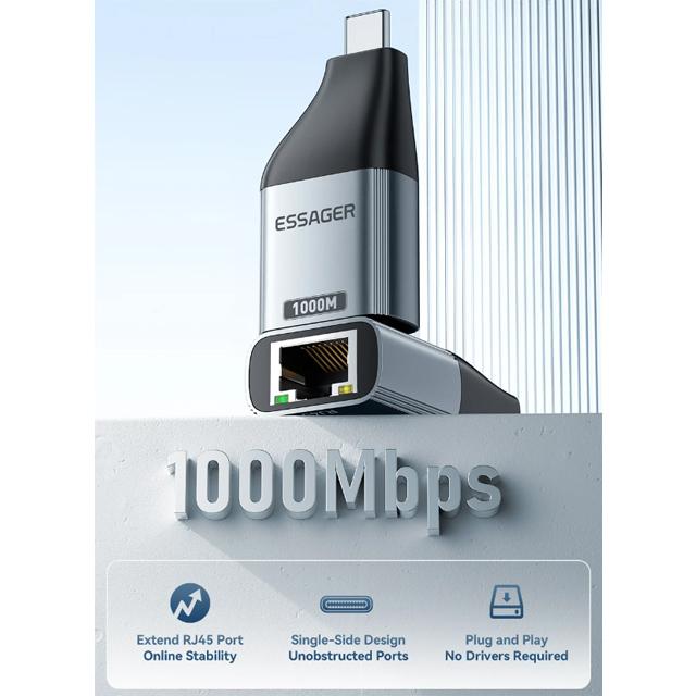 Адаптер Essager Type-C к Ethernet 100/1000 Мбит/с, высокоскоростной гигабитный адаптер RJ45 к Type-c для проводной сетевой карты ноутбука MacBook
