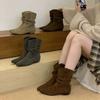 Cowhide Version Low Heel Pointed Pleated Piled Boots Women's Autumn and Winter New Retro Flat Martin Boots Thin