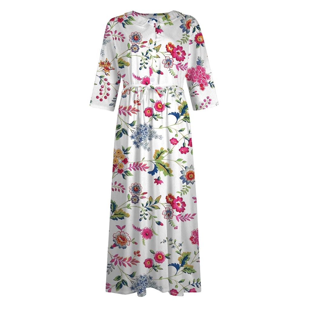 Women's Fashion Floral Printed Lapel Buttoned Seven-Point Sleeve Dress With Tie-Downs