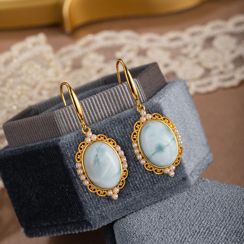 Natural Sea Pattern Stone Sterling Silver S925 Earrings for Women Exquisite Versatile Temperament French Retro Fashion Jewelry Gift