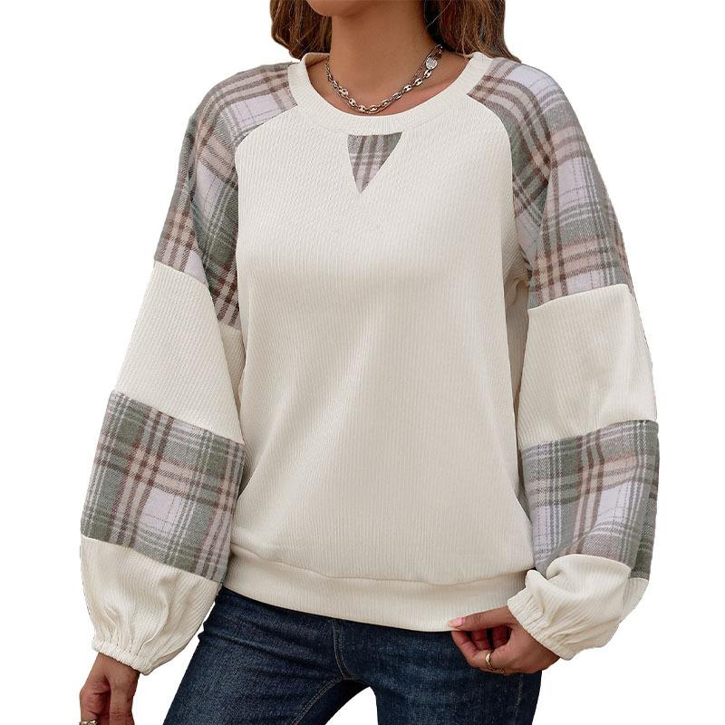 Women's Checkered Clashing Colour Splicing Round Neck Pullover Sweatshirt Loose Casual Top