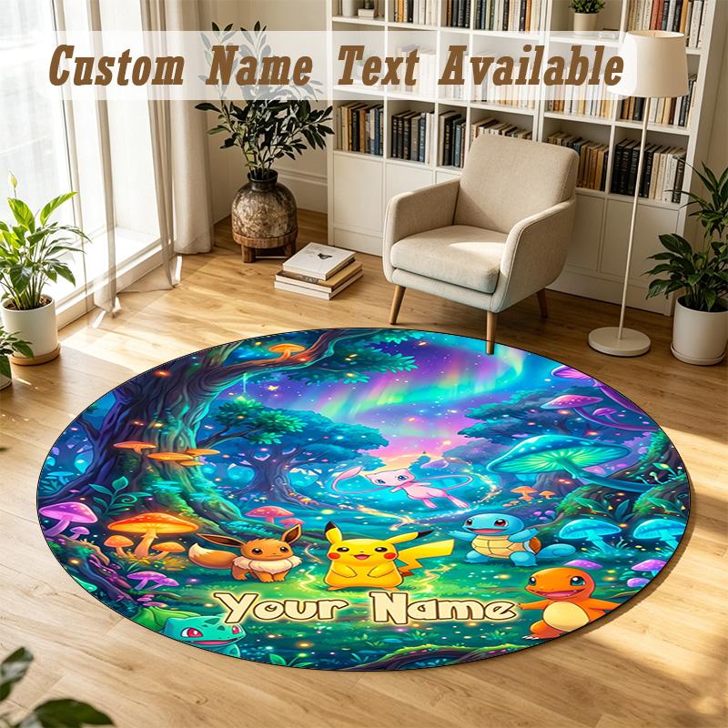 Round Rug Custom NamePokémon Pattern Non Slip Carpet Home Floor Decor