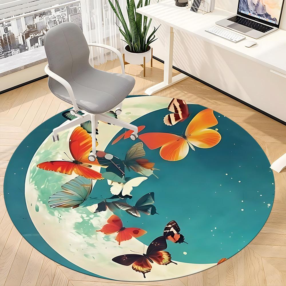 1pc Butterfly Moon Office Round Area Rug, Indoor Mat Suitable ForOffice, Under Office Chairs Bedroom Living Room Home Decor, Room Deco D075