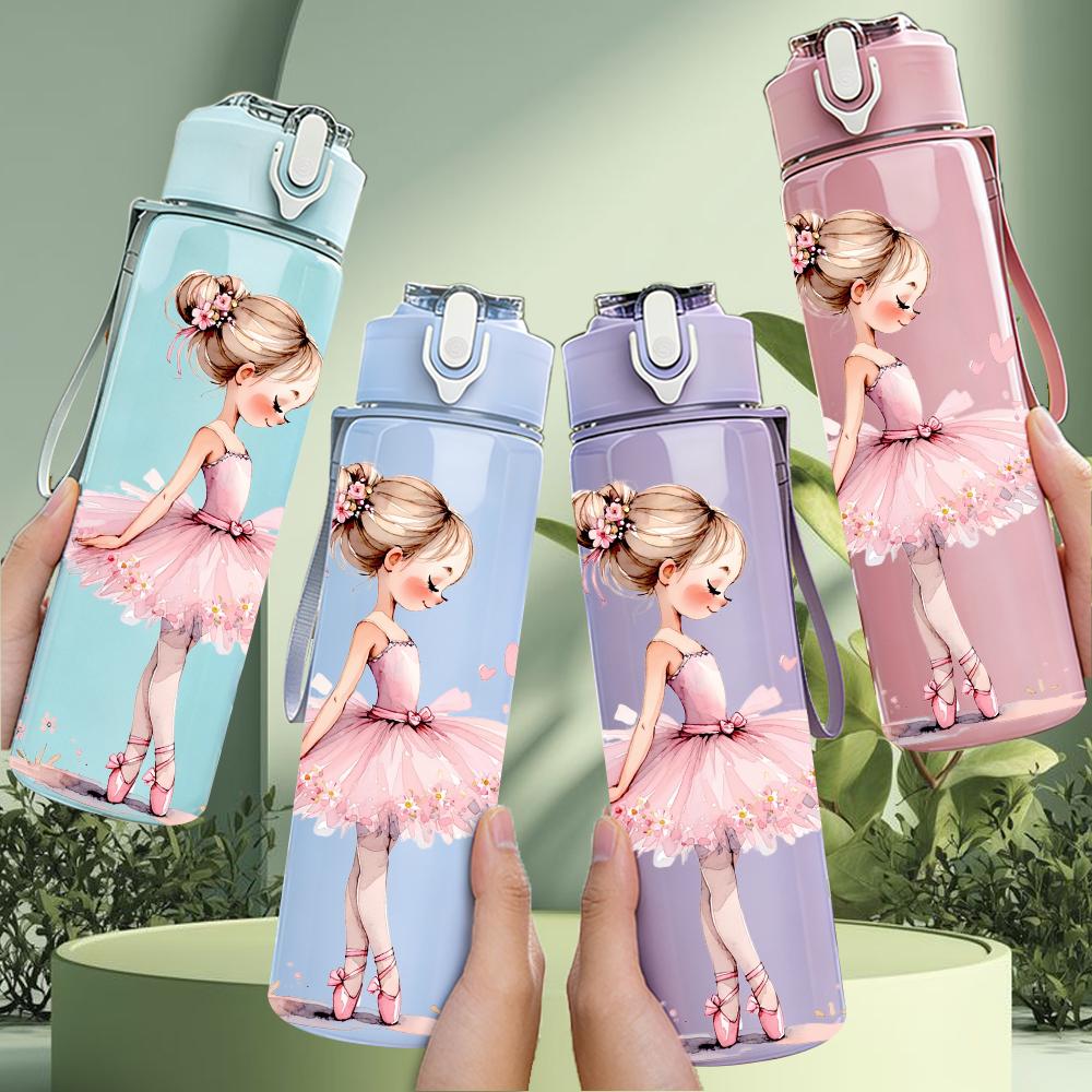 1PC Soft Pink Tutu Ballerina Silhouette 750ml Color Plastic Water Bottle Leakproof Flip Straw Lid For Sports Office Home Use
