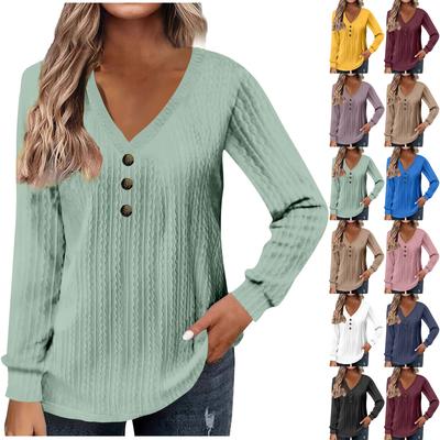 Женская мода с длинным рукавом однотонная футболка с v-образным вырезом и пуговицами повседневный топ с принтом