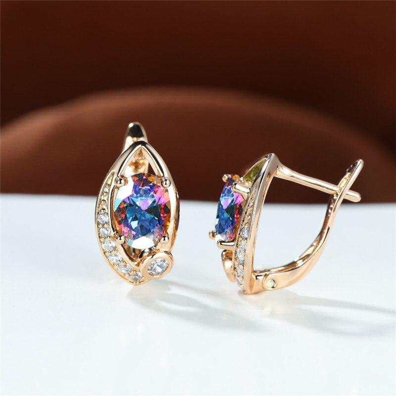 Mystic Rainbow Crystal Oval Stone Earrings Charm Rose Gold Color Wedding Earrings Cute Multicolor Zircon Hoop Earrings For Women