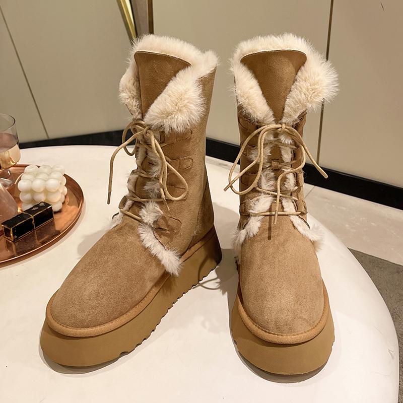 Мода модные утолщенные плюшевые зимние сапоги для женщин 2024 зимние сапоги на платформе из искусственного меха до середины голени женские нескользящие теплые хлопковые подбитые туфли