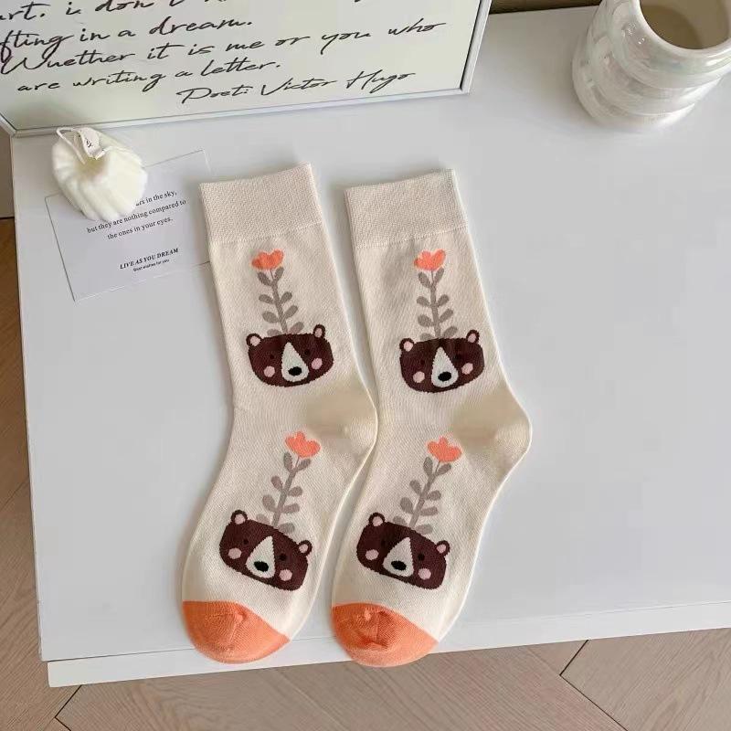 Милые женские хлопковые носки с рисунком из мультфильмов, весна-осень, мягкие, сладкие, цветочные, средней длины, носки JK Korean Harajuku для девочек, носки Sokken