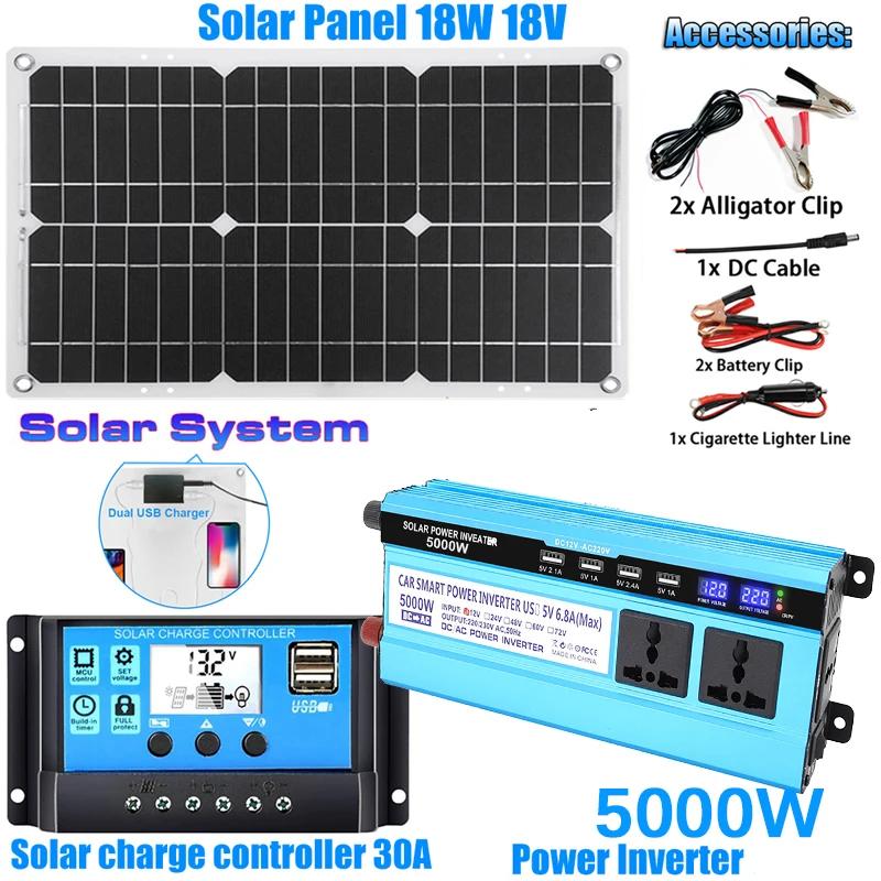 5000W Solar Panel Kit Modified Sine Wave 12V To 220V Solar Power System 18V Solar Panel+30A Charge Controlle Power Generation