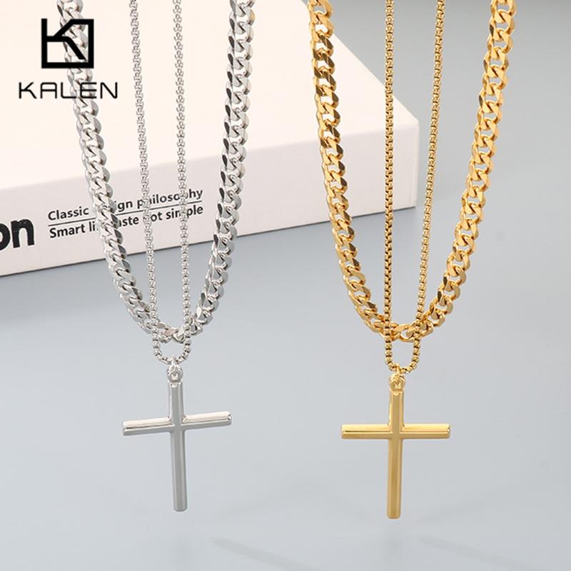 Двухслойные мужские necklaces с подвеской-крестом из нержавеющей стали, металлическая цепочка, религиозный дизайн, модные украшения, повседневный золотой аксессуар