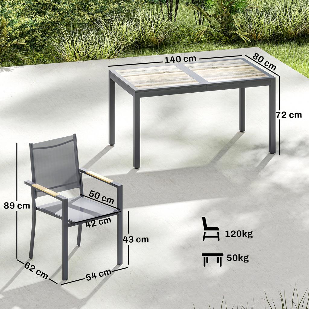 Garden Furniture Set, 7-Piece, Wood-Effect Table, 6 Textilene Chairs, 140 x 80 x 72 cm, Grey