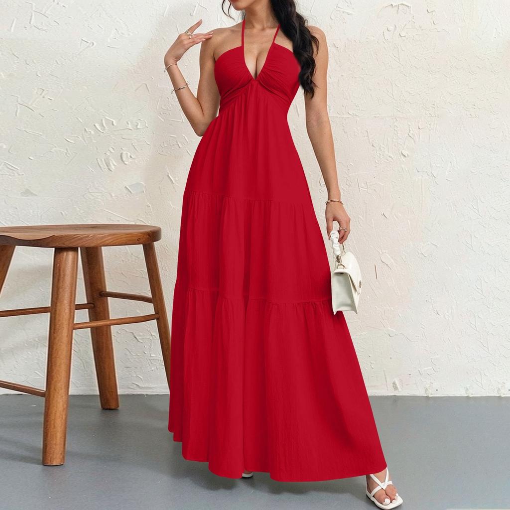 Women's Summer Casual Fashion Solid Color Dresses V-Neck Sleeveless Dresses