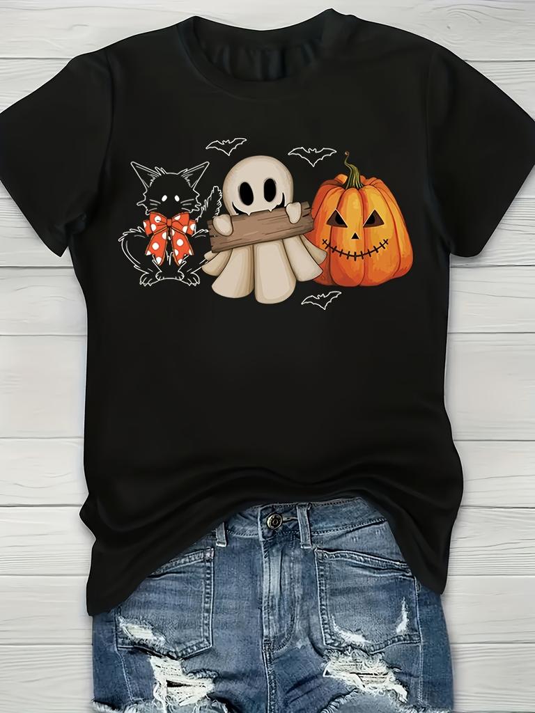 Womens Halloween Black Cat Pumpkin Print TShirt Casual Short Sleeve Round Neck Tee with Spooky Bats Cobwebs Design
