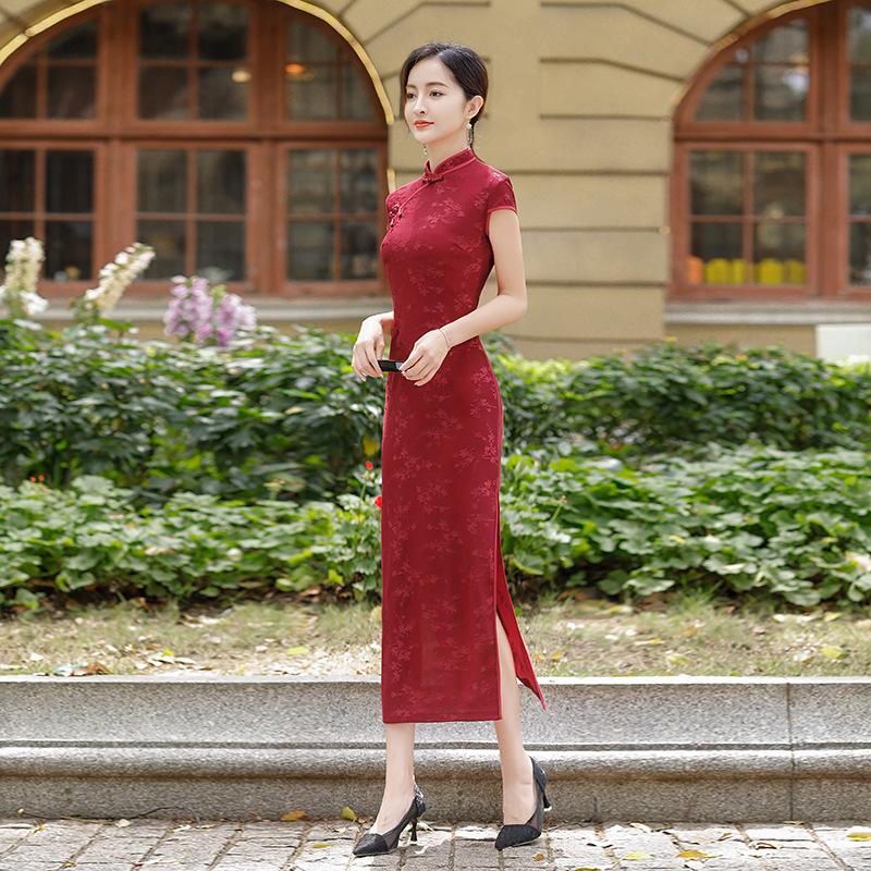 Summer new product long slim cover sleeve composite Chinese style cheongsam mother dress daily banquet dress