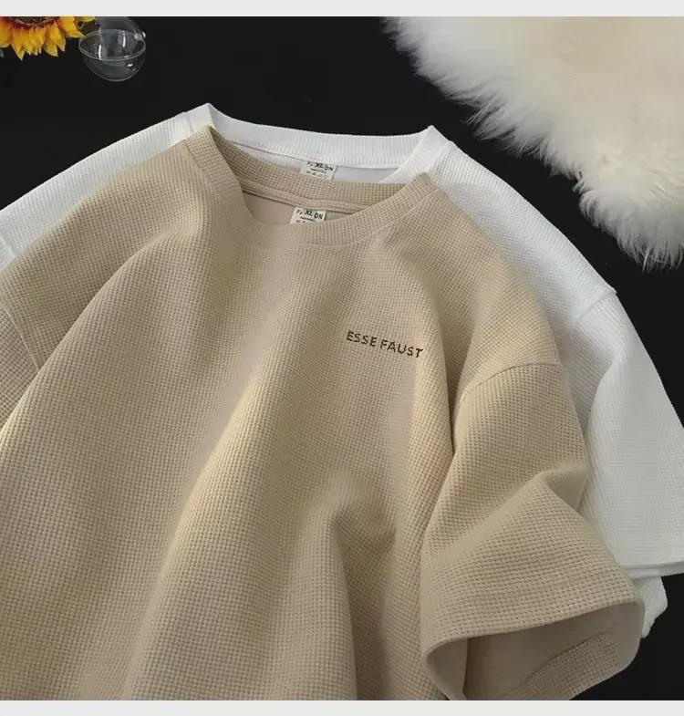 Мужская летняя вафельная футболка в японском стиле с коротким рукавом свободного покроя