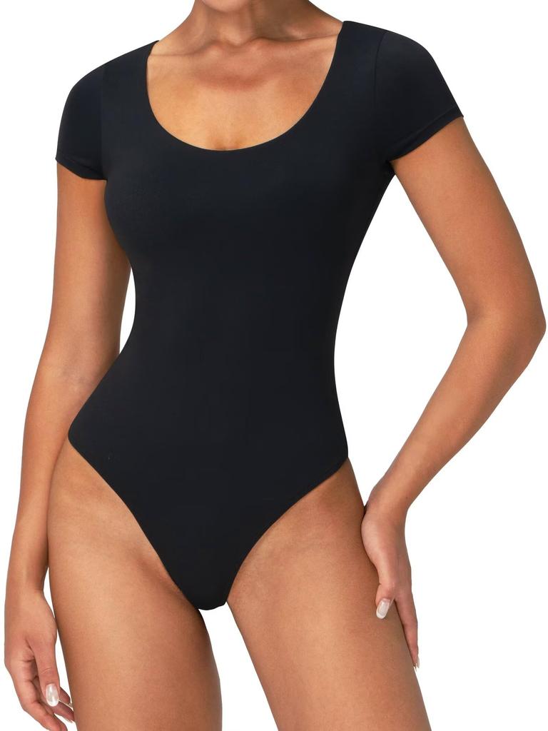 Women's Short Sleeve Bodysuits Double Lined Thong Body Suit Shirt Scoop Neck Going Out Tops Casual Tight Leotards