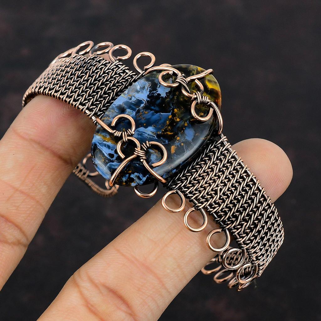 Браслет Pietersite, браслет из медной проволоки, регулируемый браслет-манжета, браслет с драгоценными камнями для женщин, медная проволока ручной работы, ювелирные изделия, подарок для нее