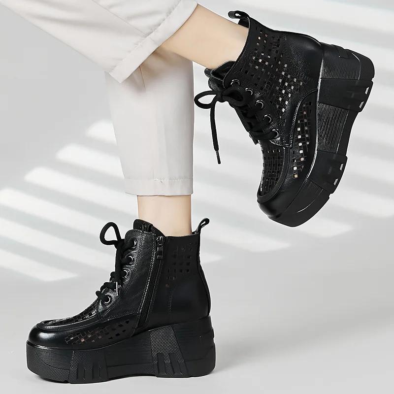 Fashion 2024 New Design Summer Women Boots Genuine Cow Leather Hollow Out Height Increasing 7cm Wedges Heel Platform Ankle Boots
