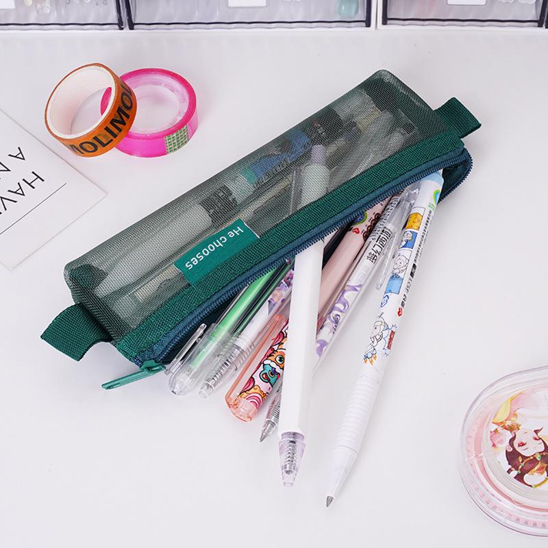 Retro Transparent Mesh Pencil Case - Large Capacity Triangle Stationery Bag