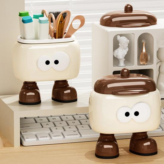 Toothpick Dispenser Pen Holder Cartoon Design Multifunction 2 Grids Covered Tooth Pick Holder Desktop Storage Box