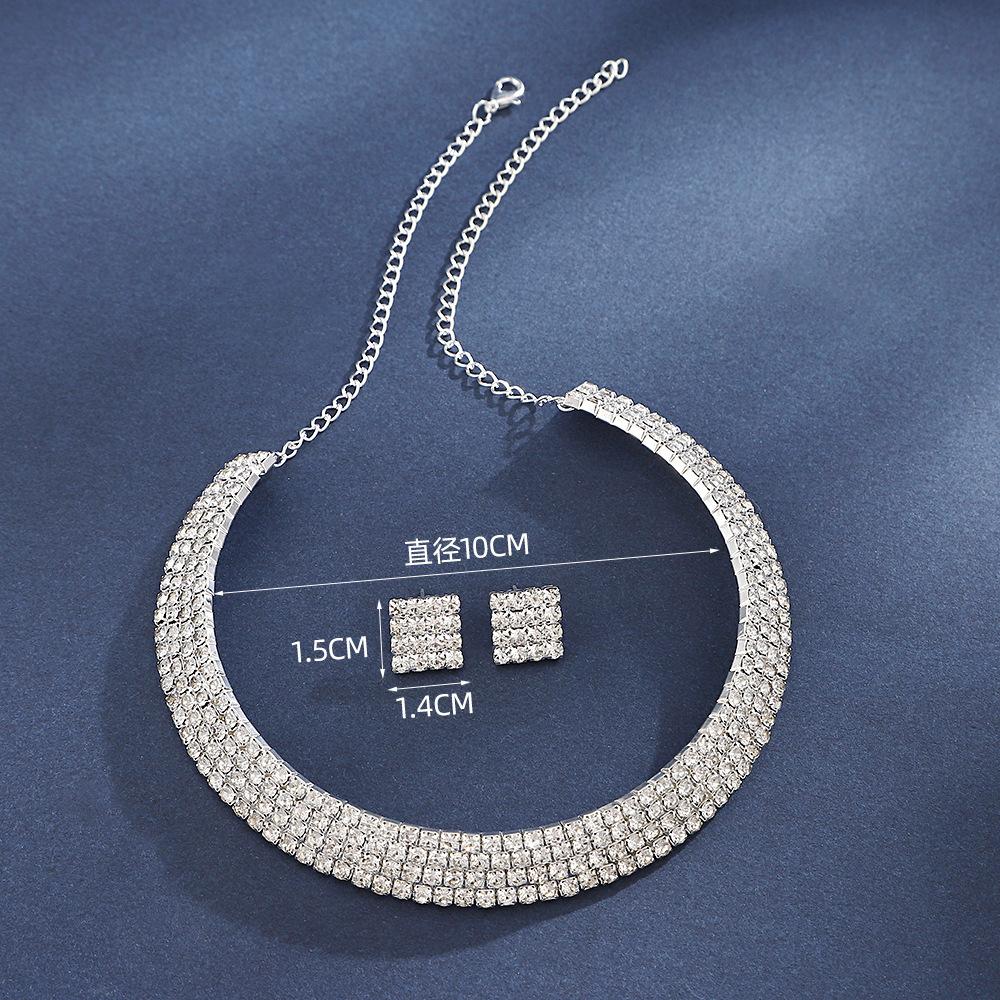 Light Luxury Multi-Row Full Diamond Neck Chain Short Luxury Bridal Necklace Stud Earrings Set Creative Versatile Item Decoration