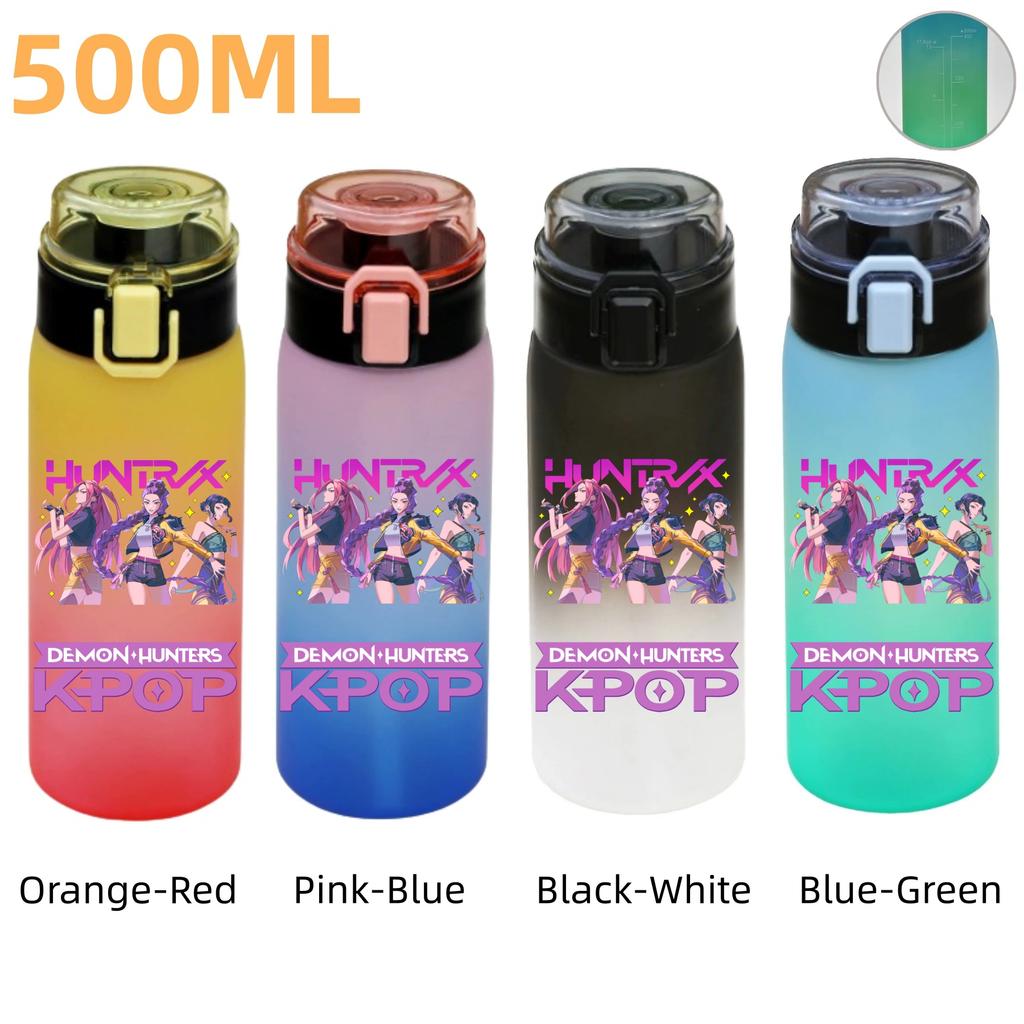500ML KPop Demon Hunters Plastic Anime Water Cup Has Scale Travel Office Gym Hiking Portable Drink Bottles Outdoor Sport Gifts