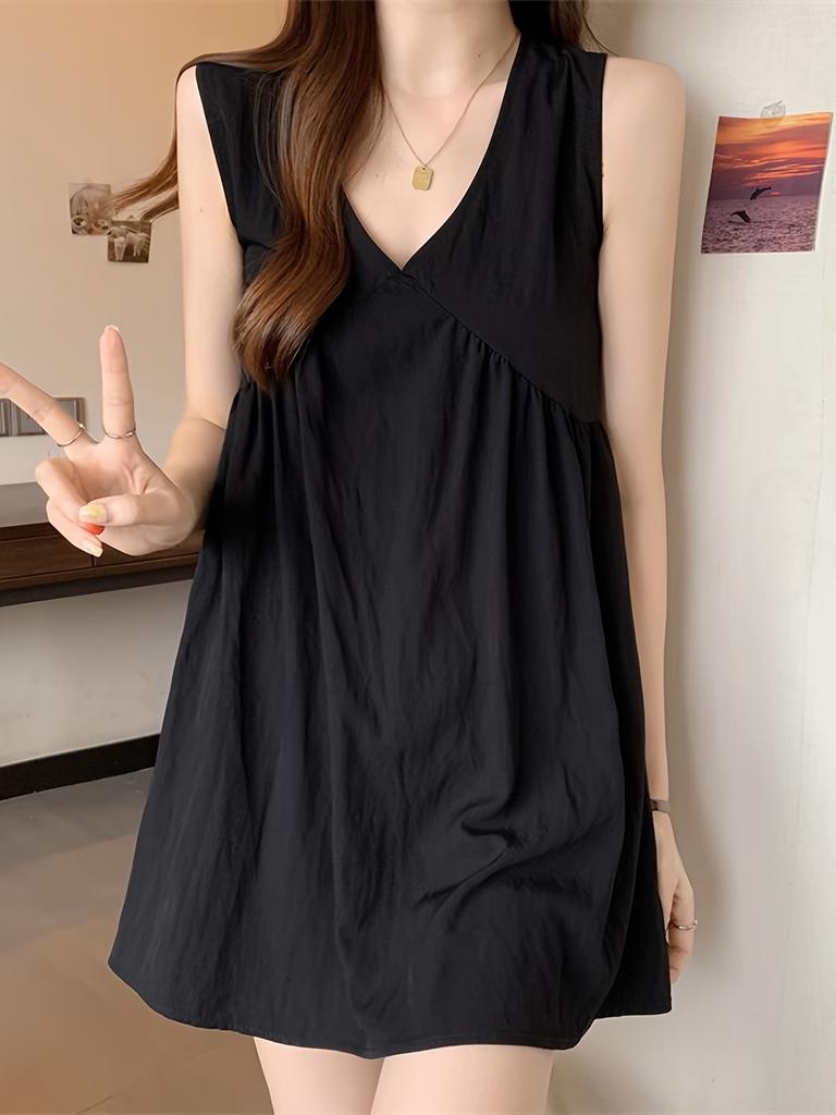 Black Solid Long Camisole Top With V-Neck A-Line Loose For Casual Spring