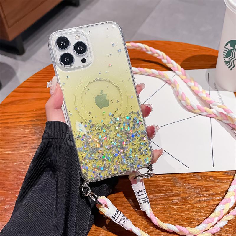 Градиентный силиконовый чехол с магнитной защитой от падений для iPhone 14 Pro Max/13/12/11/8P, в комплекте косая цепочка для подвешивания