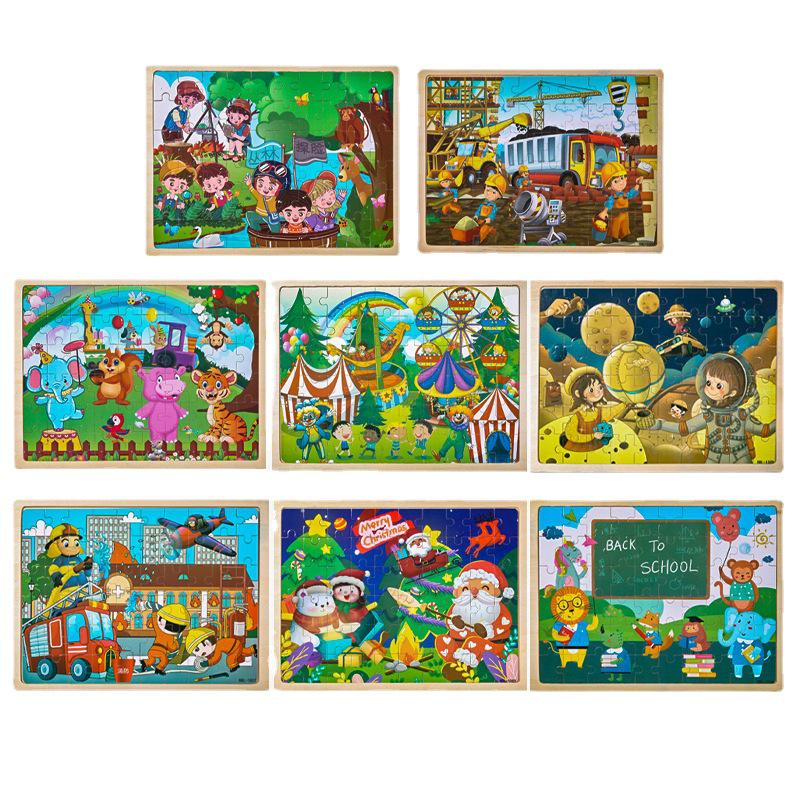 60-Piece Children's Educational Puzzle Set Featuring Jungle Adventure, Fire Rescue, and Various Cartoon Characters.