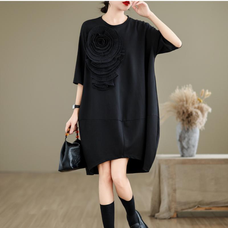 Dimanaf Plus Size Women 2024 New Summer Long Basic Oversize O-Neck Casual Short Sleeve Floral T-Shirt Dress