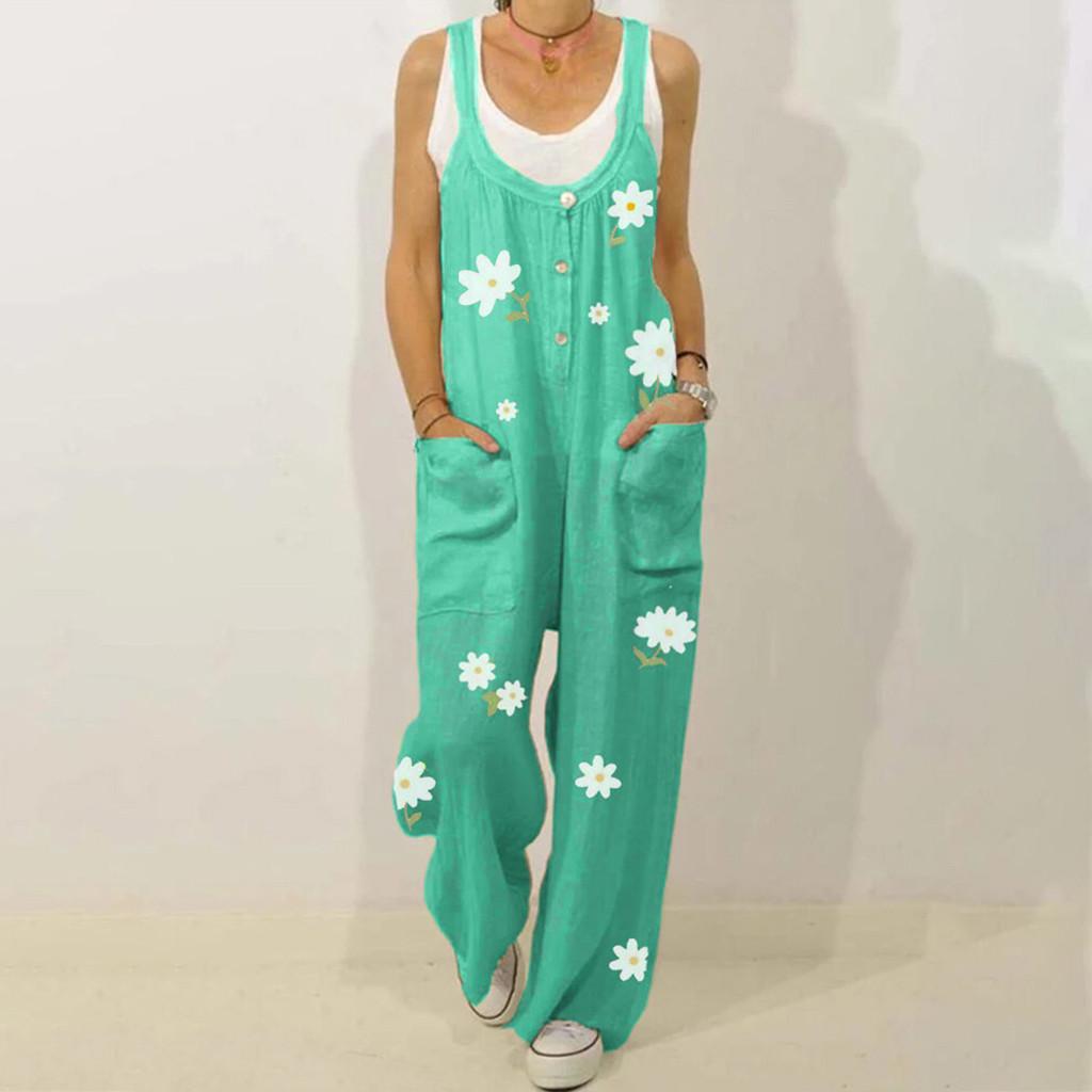 Женский повседневный комбинезон с цветочным принтом и круглым вырезом, длинный комбинезон с карманами
