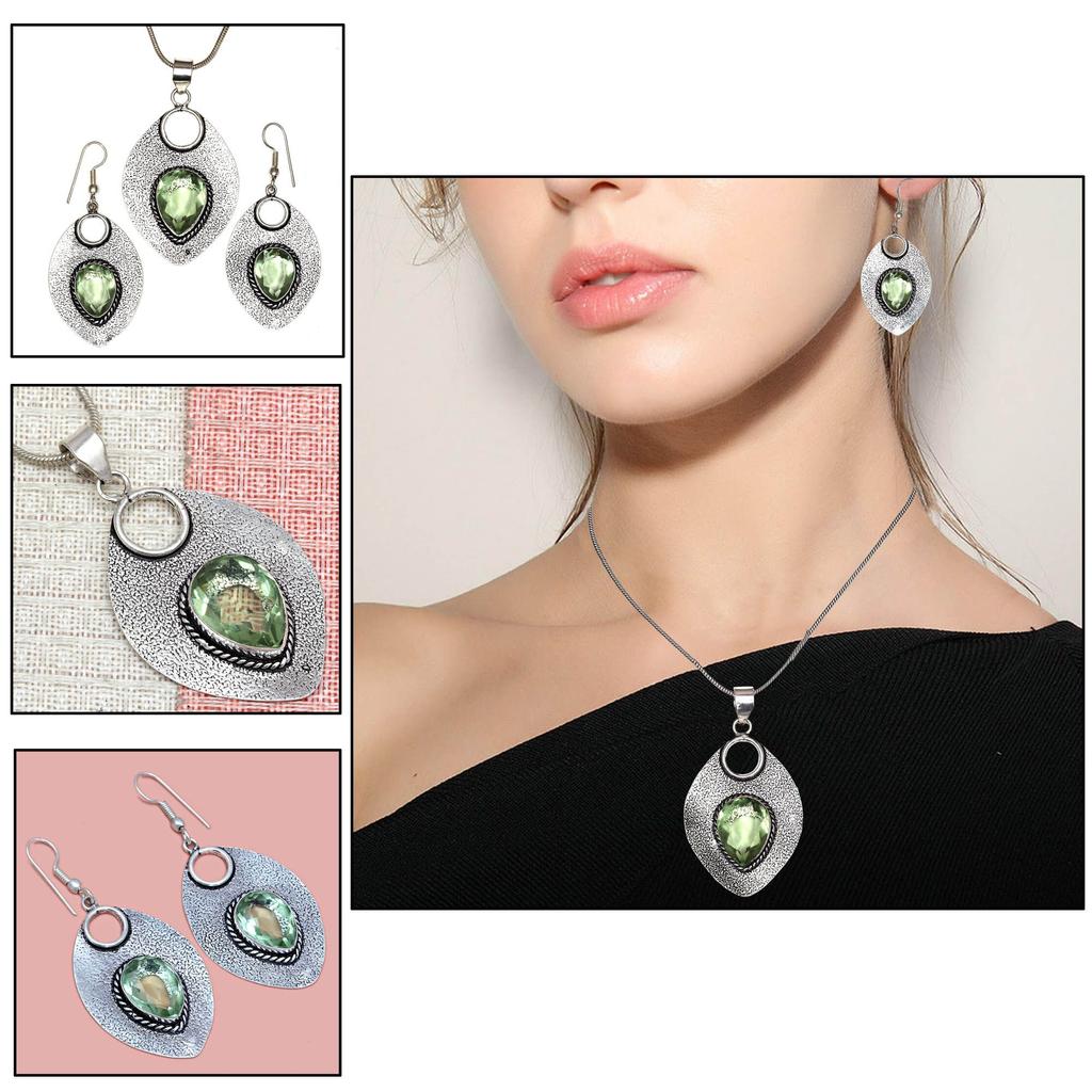 Green Amethyst Gemstone Mother's Day Jewelry Pendant Earring Set