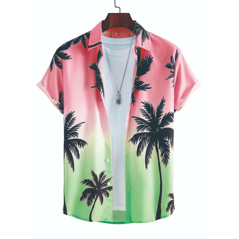 Tropical Coconut Tree Pattern Men's Short Sleeve Button Down Lapel Shirt For Summer Resort Holiday Hawaiian Style Oversized Tops