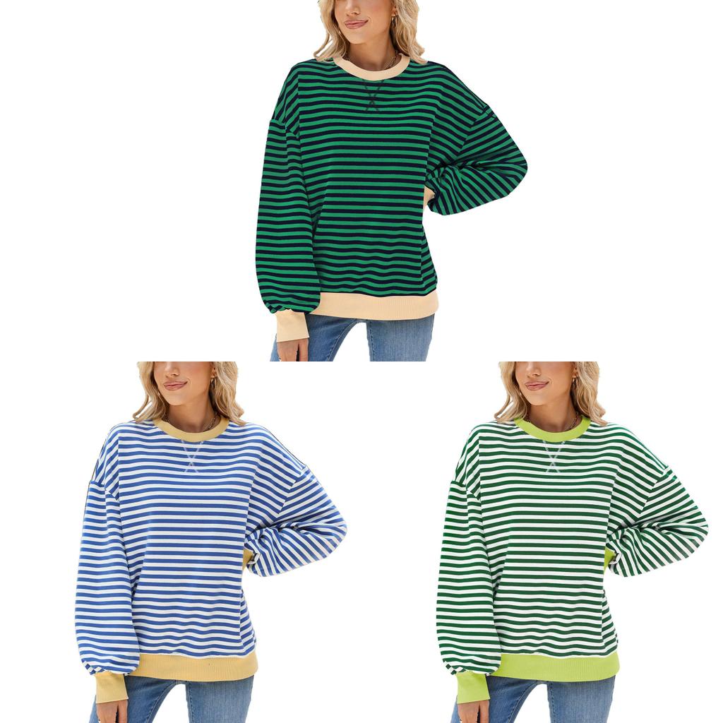 Striped Pattern Long Sleeve Sweatshirt With Colorblock Design For Women Fall