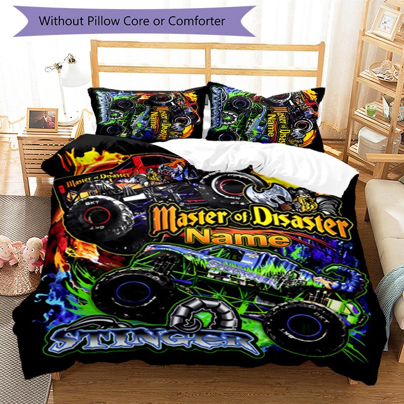3pcs Custom Name Cartoon Monster Jam Bedding Set Duvet Cover Closure Includes 1 Duvet Cover & 2 Pillowcases for All Seasons Bedroom Decor