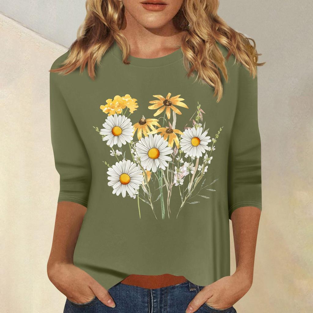 Women's Fashion Casual Printed Seven Sleeve Round Neck Top