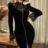 Autumn 2023 Lace Stand Collar Trumpet Sleeve Bodycon Midi Skirt for Women