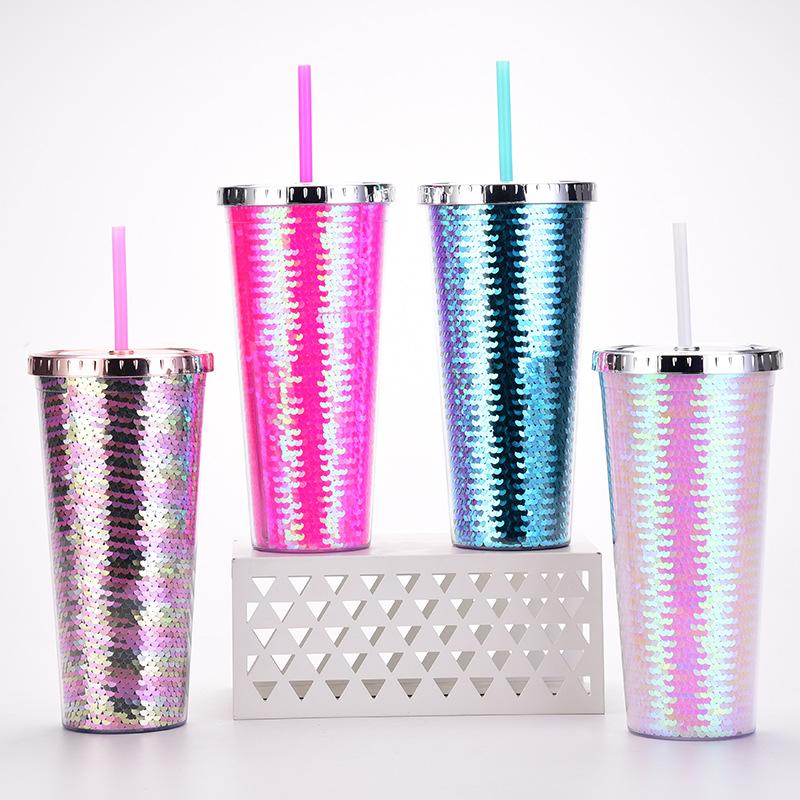 Double-Layer Plastic Cup, Sequined Straw Cup, Straight Cup, Summer Cold Drink Water Cup Can Be Determined