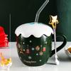 Christmas Mug With Lid And Spoon Ceramic Water Cup Cute Elk Snowflake Coffee Milk Decal Office Creative Gift For Tea Tableware