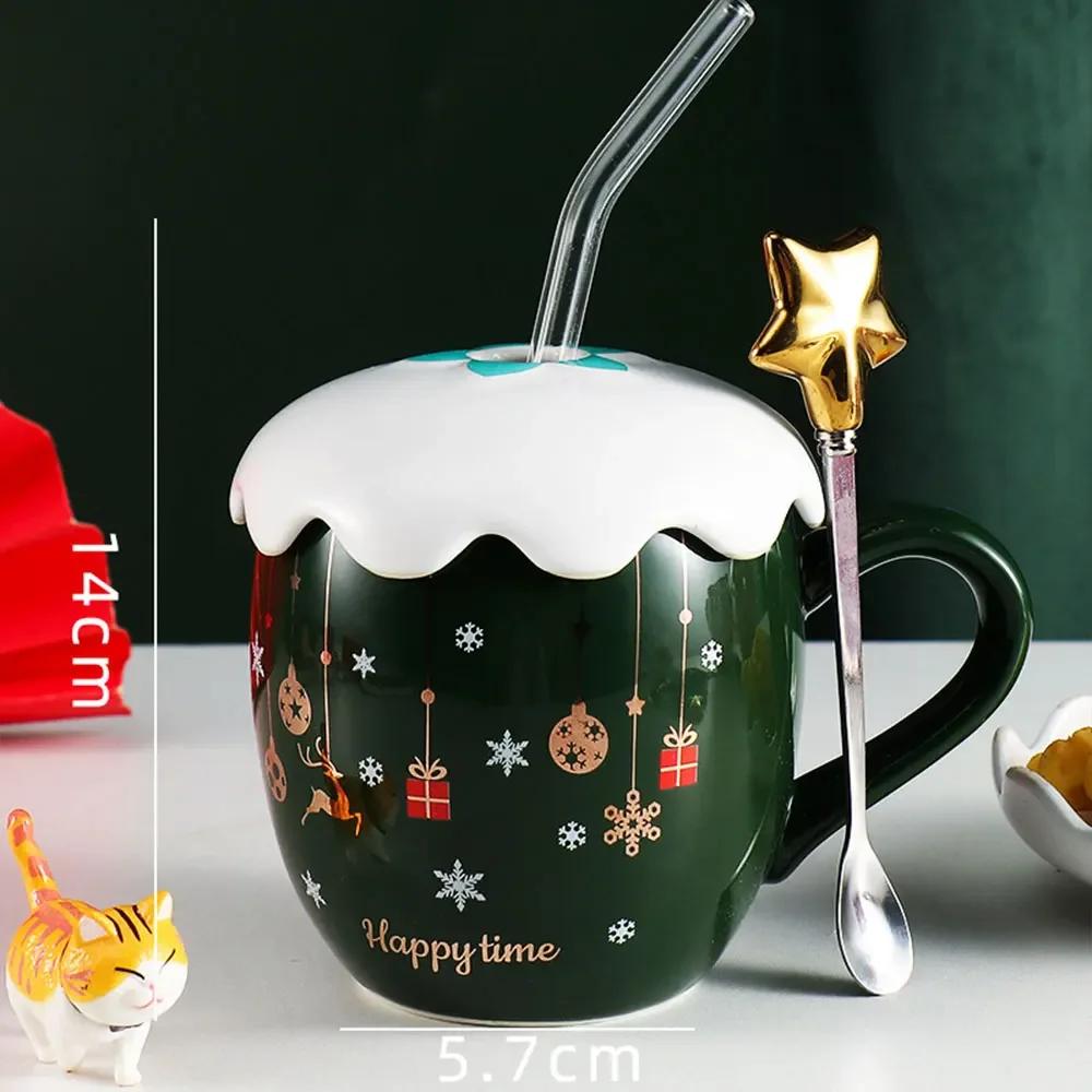 Christmas Mug With Lid And Spoon Ceramic Water Cup Cute Elk Snowflake Coffee Milk Decal Office Creative Gift For Tea Tableware
