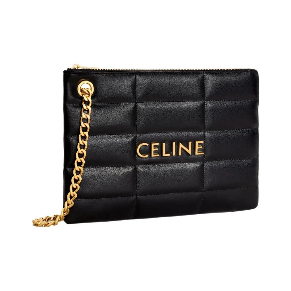Celine Черная стеганая сумка-клатч с золотым логотипом и цепочкой, из телячьей кожи, с верхней ручкой, маленький размер, женская