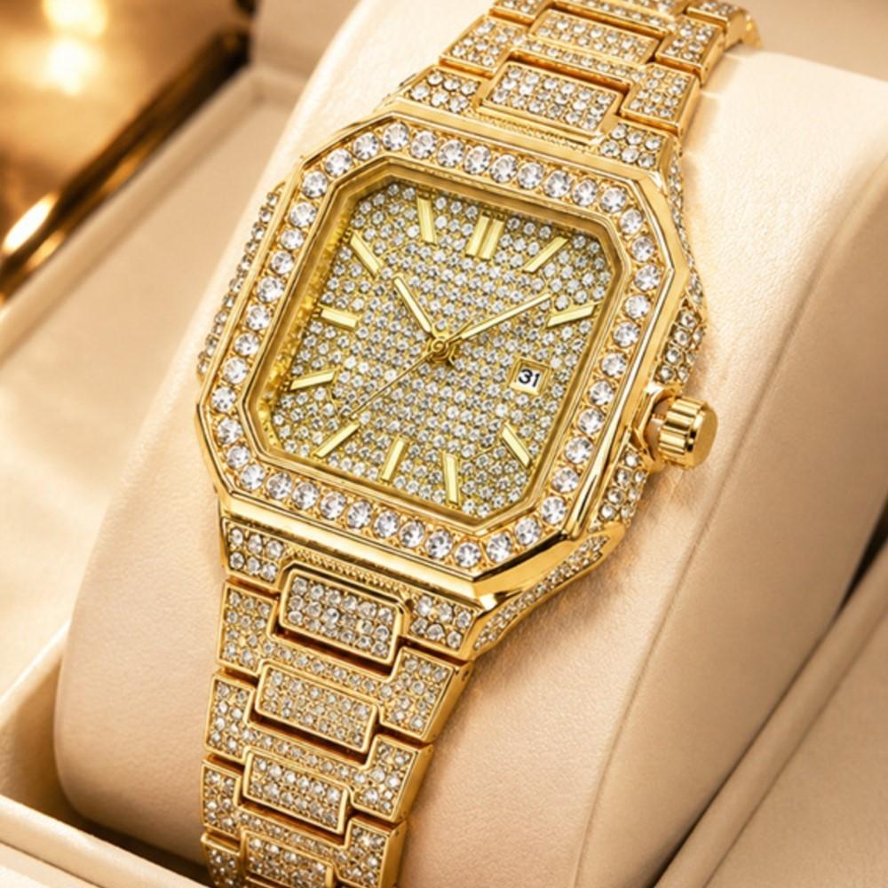 High Quality Luxury Square Ice Diamond Quartz Watch Men Fashion Inlay Sell Female Clock Timepiece Gold Hip Hop Clock Reloj