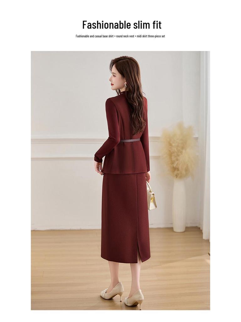 2025 Весенний женский комплект для похудения: рубашка, жилет и юбка