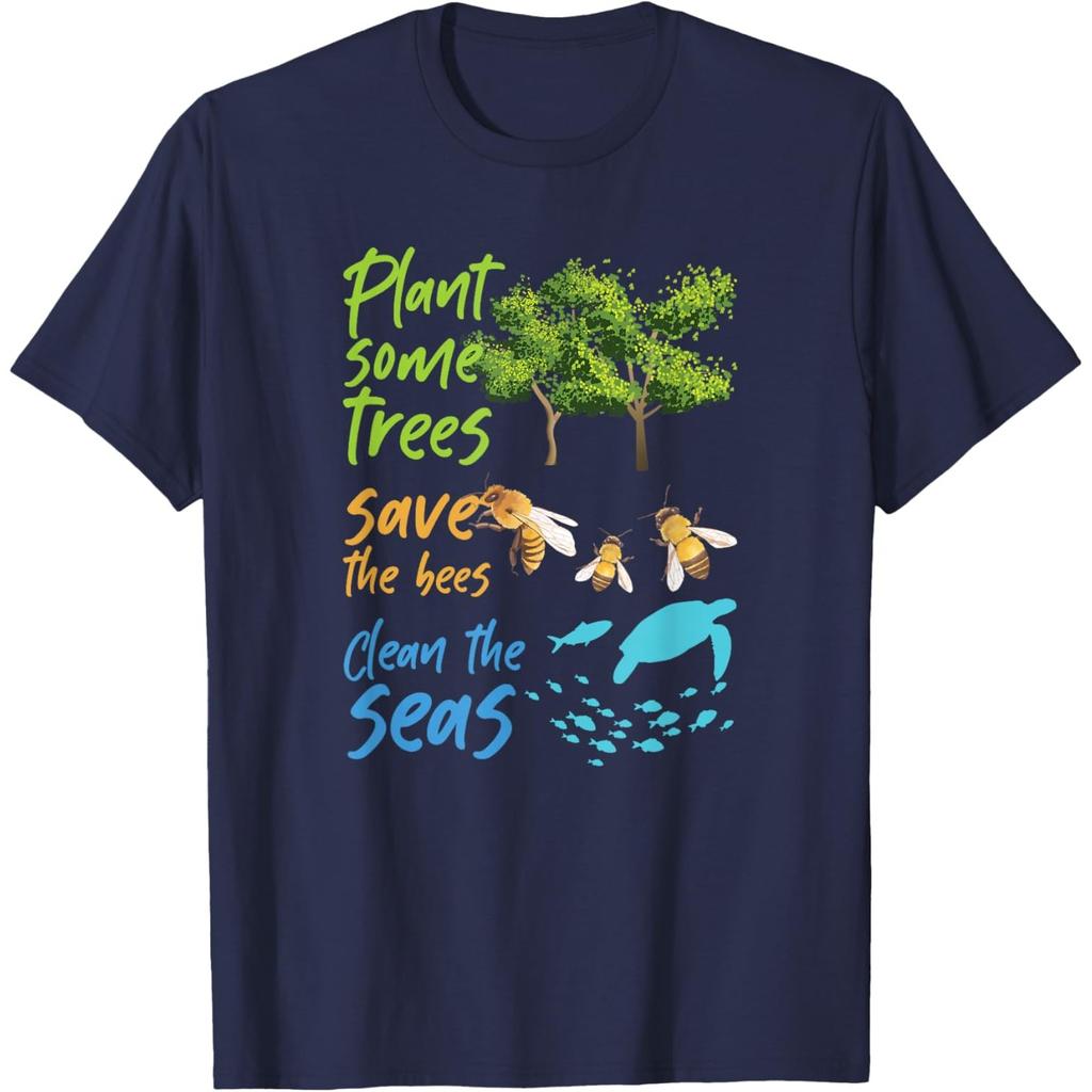 Plant Trees Save Bees Clean Seas Turtle Graphic Cotton T-Shirt Casual Crewneck Tee