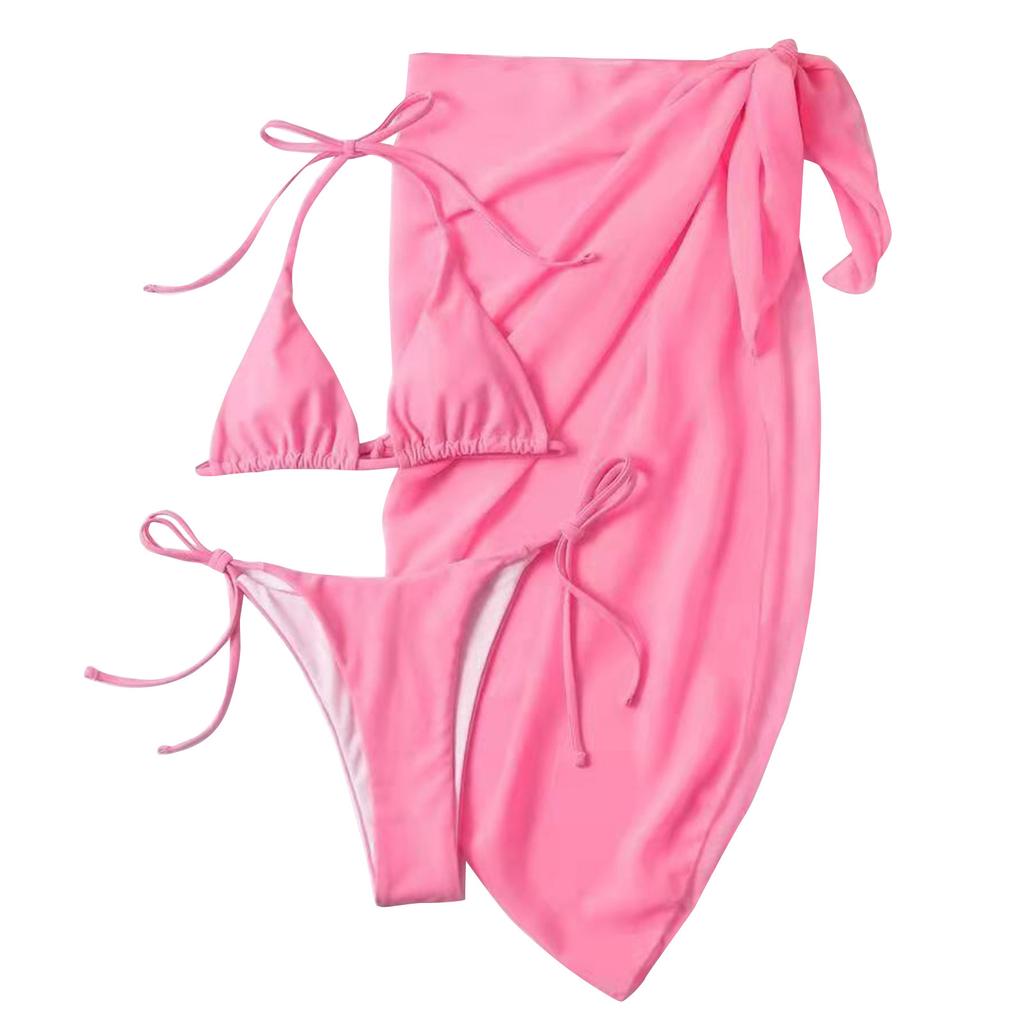 Женская летняя мода, сексуальный однотонный купальник с открытой спиной, шнуровкой на талии, вуалью с узлом на подоле, бикини, купальник из трех частей